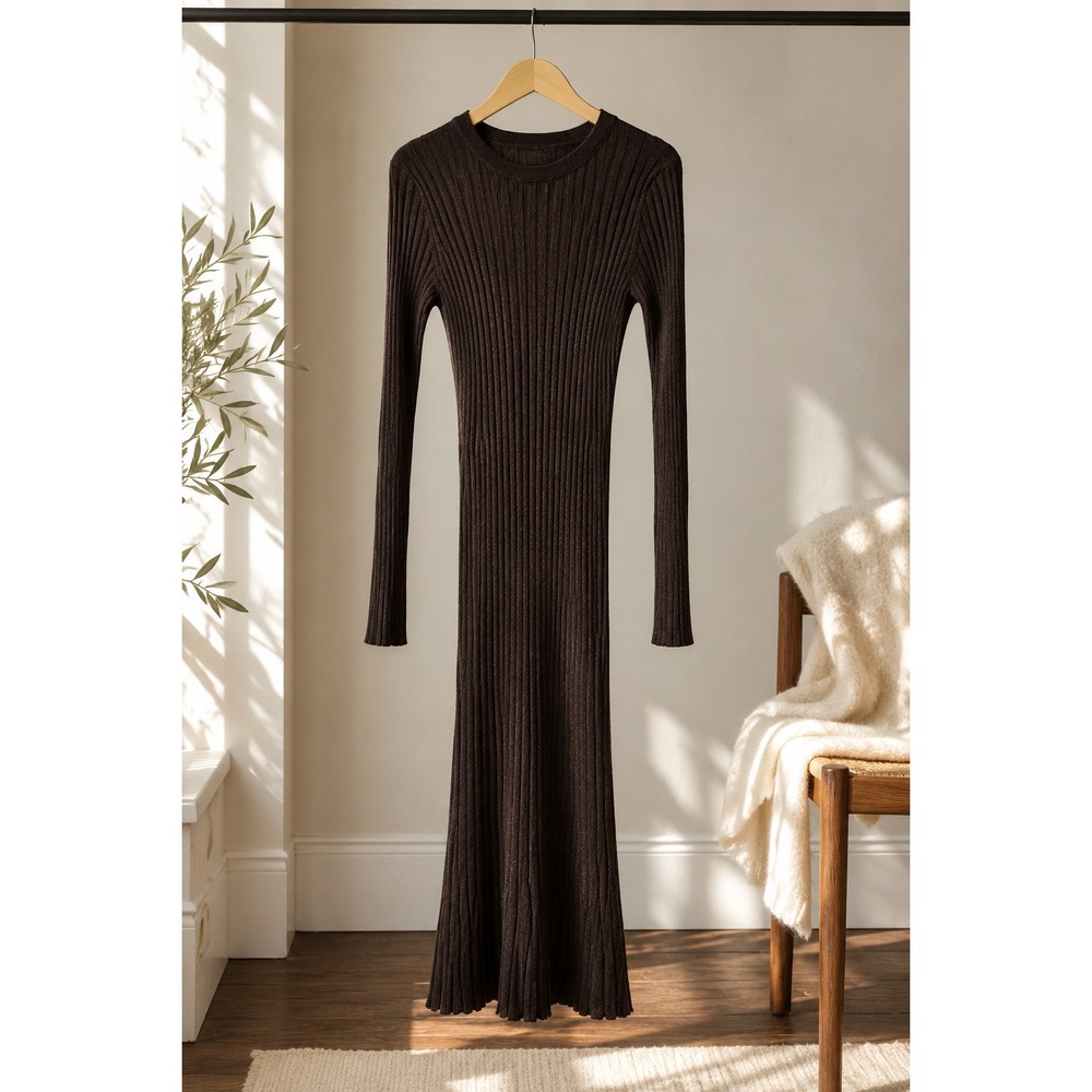 Quince Brown Ribbed Knit Cotton Cashmere Blend Tie Back Midi Dress Womens Large